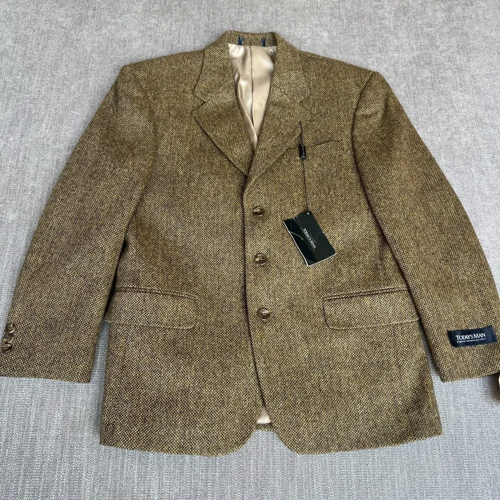 Today's Man Blazer Jacket Mens 38S Brown Lambs Wool Tweed Single Breasted Career